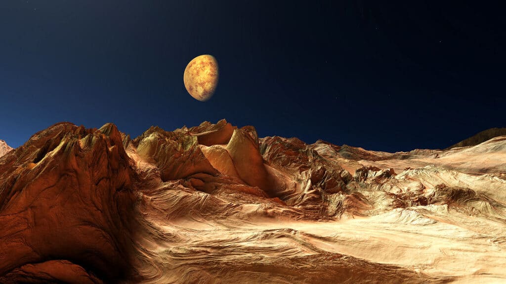 Moonrocks - genauer aber: ein Blick vom Mars auf die halb von der Sonne beschienene Erde.
